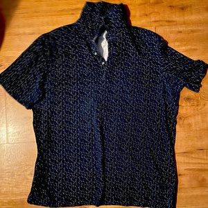 Blue polo w/ multi color polk a dots